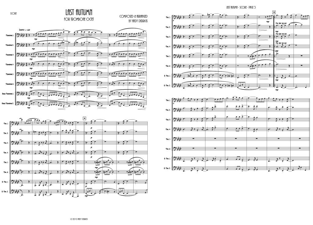 screen grab of the score for Last Autumn, a trombone Octet